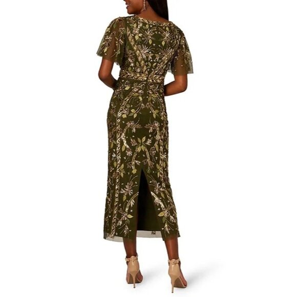 Adrianna Papell Womens Flutter Sleeve Beaded Mesh Ankle Dress Olive Size 22W NEW - Picture 2 of 6